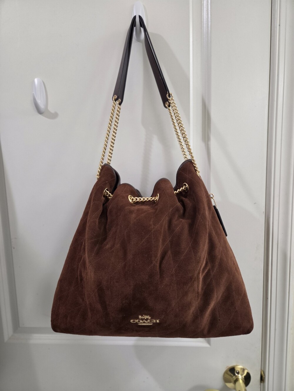 Coach large brown suede quilted Evelyn chain handle bag